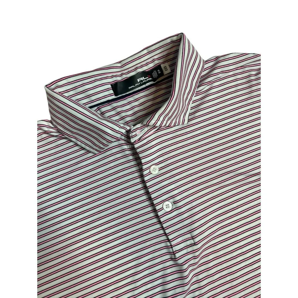 Ralph Lauren‎ RLX Mens XL Pink White Stripe Wicking Golf Performance Polo